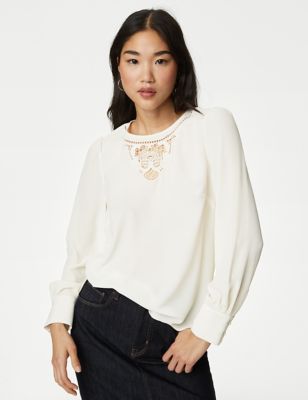 M&S Womens Embroidered Top - 16REG - Ivory, Ivory,Navy