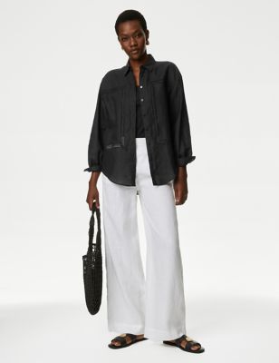 M&S Womens Linen Rich Collared Lace Insert Shirt - 16REG - Black, Black,Soft White