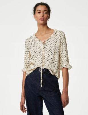 

Womens M&S Collection Polka Dot V-Neck Frill Detail Blouse - Ivory Mix, Ivory Mix