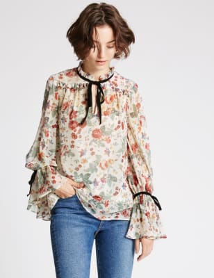 Vintage Floral Print Long Sleeve Blouse