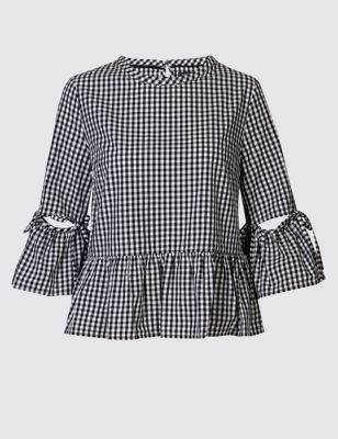 Pure Cotton Gingham Flared Sleeve Blouse | Limited Edition | M&S