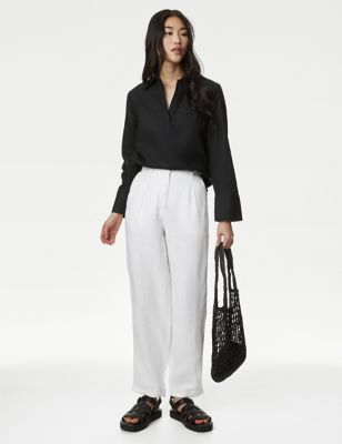 M&S Womens Linen Rich V-Neck Popover Blouse - 14REG - Black, Black,Conker,Soft White