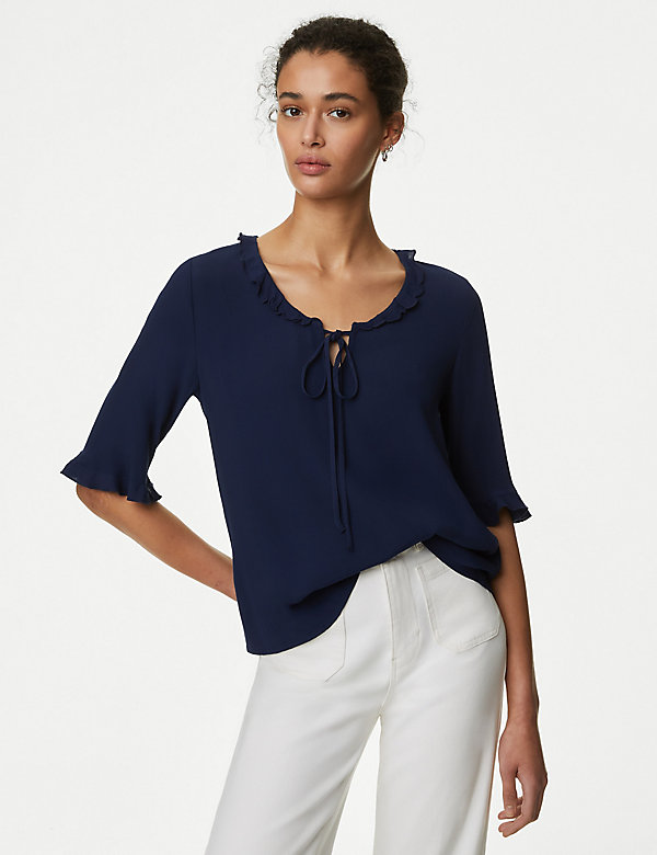 Tie Neck Frill Detail Blouse - CH