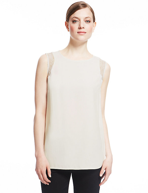 Lace Trim Round Neck Sleeveless Shell Top - AT