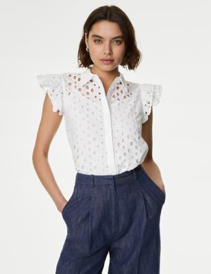 M&S Womens Pure Cotton Broderie Frill Detail Shirt - 8REG - Soft White, Soft White,Onyx