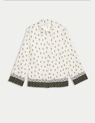 M&S Womens Linen Rich Printed Collared Shirt - 8REG - White Mix, White Mix
