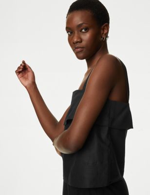 M&S Womens Linen Rich Cami Top - 16REG - Black, Black,Ivory