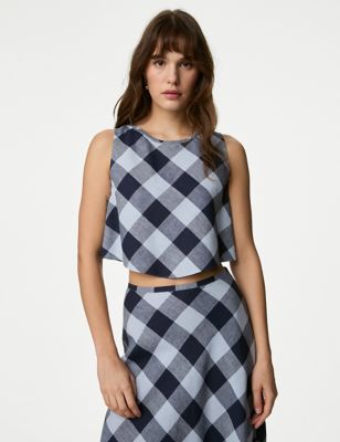 Linen Rich Checked Crop Top - BE
