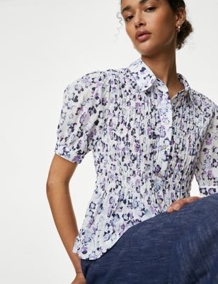 Floral Collared Shirred Puff Sleeve Shirt