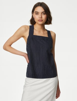 M&S Women's Linen Rich Striped Square Neck Cami Top - 6REG - Blue Mix, Blue Mix