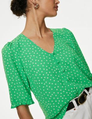 Printed V-Neck Puff Sleeve Blouse - CA