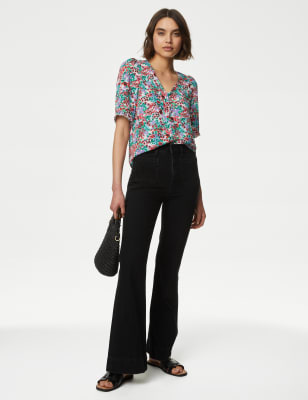 Printed V-Neck Puff Sleeve Blouse