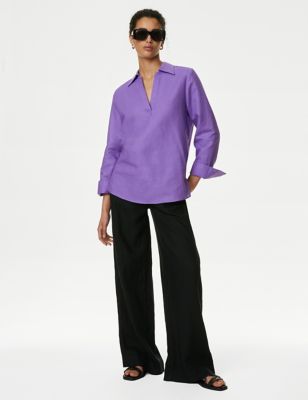 M&S Womens Linen Rich Popover Blouse - 16REG - Purple, Purple