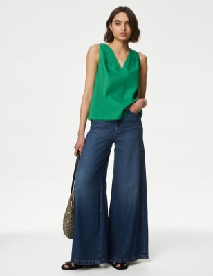 

M&S Collection Top de escote en pico de linoWomens - Medium Green, Medium Green
