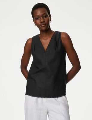 

Womens M&S Collection Linen Rich V-Neck Top - Black, Black