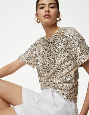 M&S Womens Sequin Top - 8REG - Champagne, Champagne