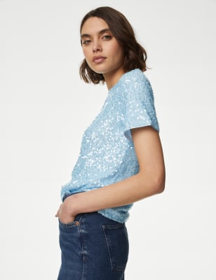 M&S Women's Sequin Top - 8REG - Blue, Blue