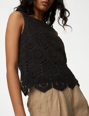 

Womens M&S Collection Cotton Rich Broderie Vest - Black, Black