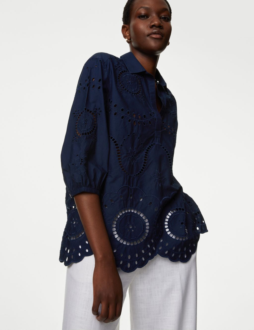 Pure Cotton Broderie Popover Blouse