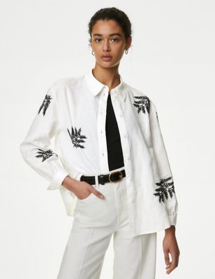 M&S Womens Linen Rich Embroidered Collared Shirt - 8REG - Soft White, Soft White