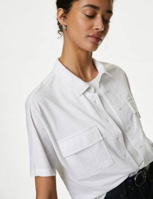 M&S Womens Collared Button Through Shirt - 16REG - Soft White, Soft White,Black