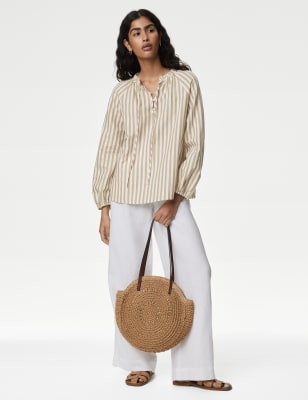 

Womens M&S Collection Bluse mit hohem Leinenanteil, Schleifenkragen und Streifenmuster - White Mix, White Mix