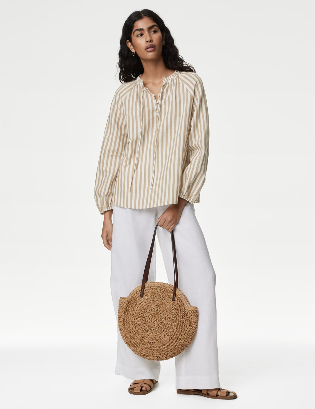 Linen Rich Striped Tie Neck Blouse