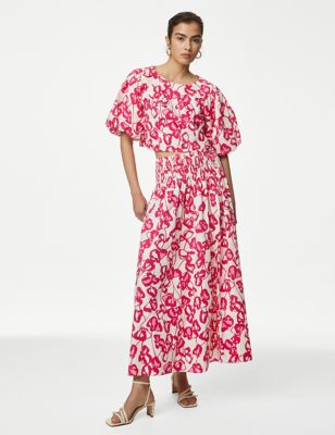 M&S Women's Pure Cotton Printed Puff Sleeve Blouse - 16REG - Pink Mix, Pink Mix