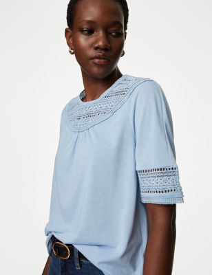 M&S Women's Jersey Lace Insert Top - 6REG - Blue, Blue,Soft White,Dark Sage