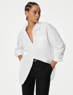 Marks And Spencer Womens M&S Collection Pure Cotton Oversized Girlfriend Style Longline Shirt - White