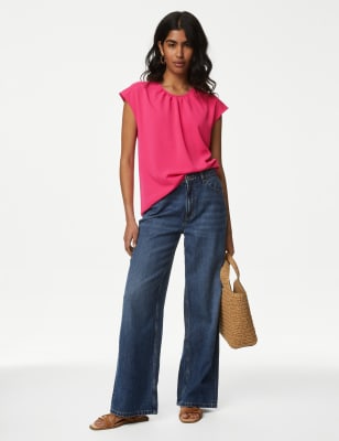 

M&S Collection Blusa con detalle de fruncido con cuello redondoWomens - Pink, Pink