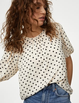 M&S Womens Printed Round Neck Puff Sleeve Blouse - 18REG - Ivory Mix, Ivory Mix,Pale Blue Mix