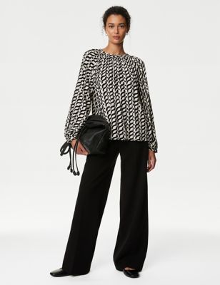 Round-Neck Printed Popover Blouse - CH