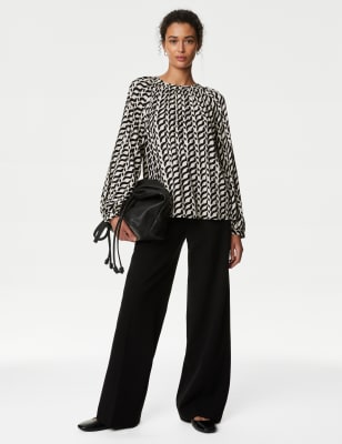 Round-Neck Printed Popover Blouse - CZ