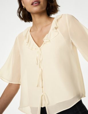 

Womens M&S Collection Tie Front Frill Detail Blouse - Ivory Mix, Ivory Mix