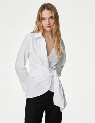 M&S Womens Pure Cotton Tie Front Shirt - 16REG - White, White