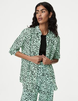 M&S Womens Printed Collared Blouse - 10REG - Green Mix, Green Mix,Ivory Mix