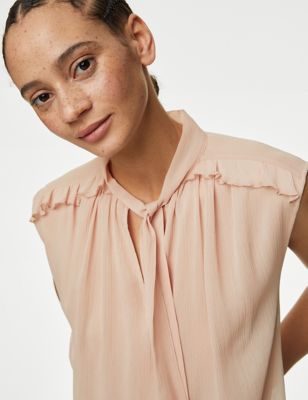 M&S Womens Sheer Tie Neck Frill Detail Blouse - 24REG - Blush, Blush