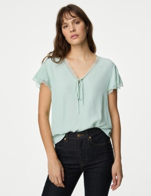 M&S Womens V-Neck Frill Detail Top - 18REG - Soft Green, Soft Green