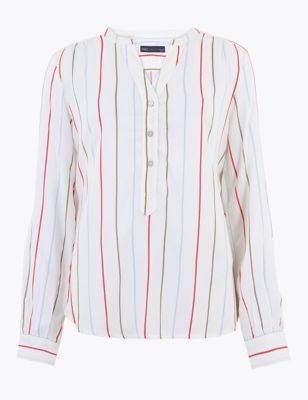 Striped Button Detail Long Sleeve Blouse 