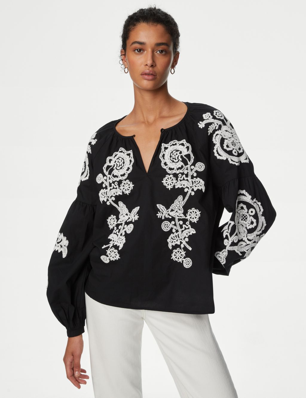 Pure Cotton Embroidered Puff Sleeve Blouse