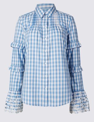 Pure Cotton Gingham Ruffle Sleeve Shirt | Limited Edition | M&S