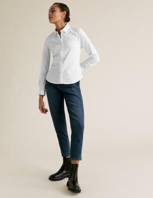 

M&S Collection Camisa de algodón ajustada de manga largaWomens - Pale Blue, Pale Blue