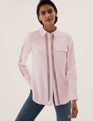 

Womens M&S Collection Lace Insert Collared Long Sleeve Shirt - Pink, Pink