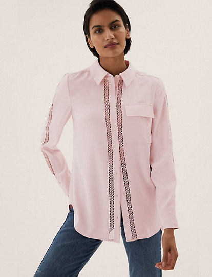 Lace Insert Collared Long Sleeve Shirt