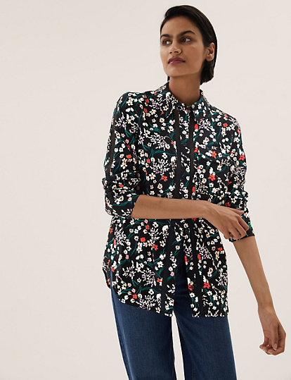Printed Collared Lace Insert Shirt