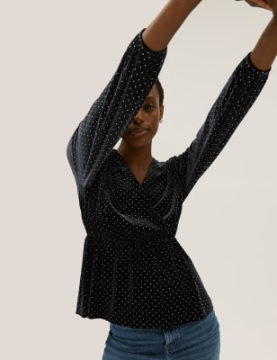 

Womens M&S Collection Velvet Studded Long Sleeve Wrap Top - Black, Black