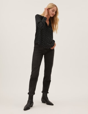 

Womens M&S Collection Langarmbluse mit Kragen und Folienmuster - Black Mix, Black Mix