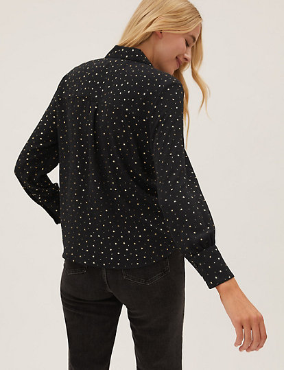 Foil Print Collared Long Sleeve Blouse