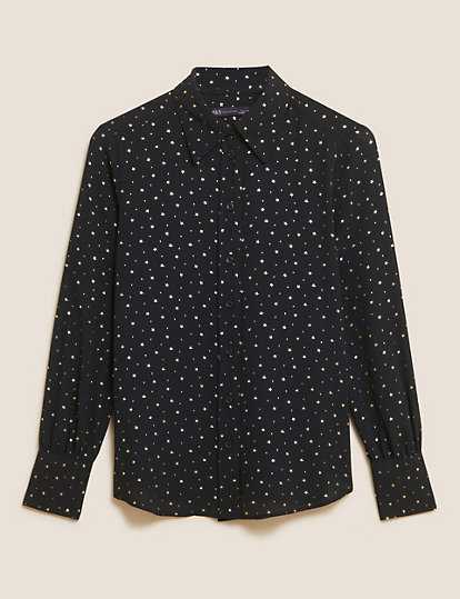 Foil Print Collared Long Sleeve Blouse